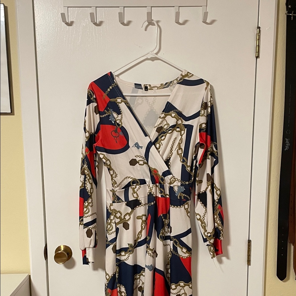 SHEIN Red and Blue Chain Print Long Sleeve Dress